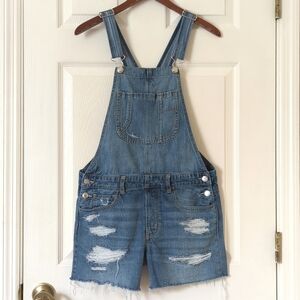 American Eagle Classic Medium Wash Distressed Cut Off Denim Short Bib Overalls S